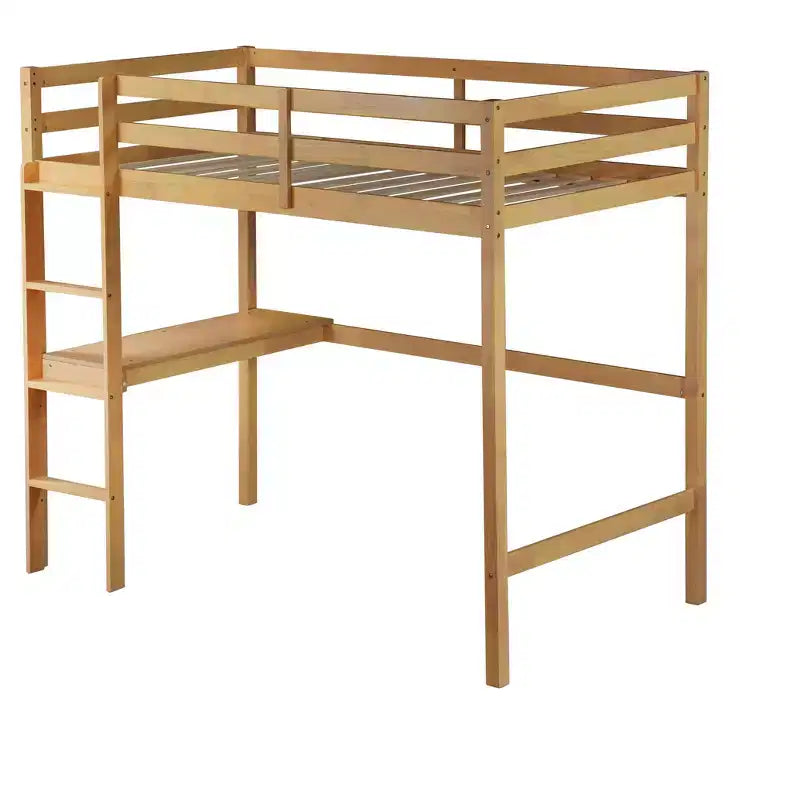 Lit mezzanine minimaliste Okak avec échelle, lit mezzanine double en bois d'hévéa avec barrière de sécurité et bureau intégré, cadres de lit pour enfants et adolescents