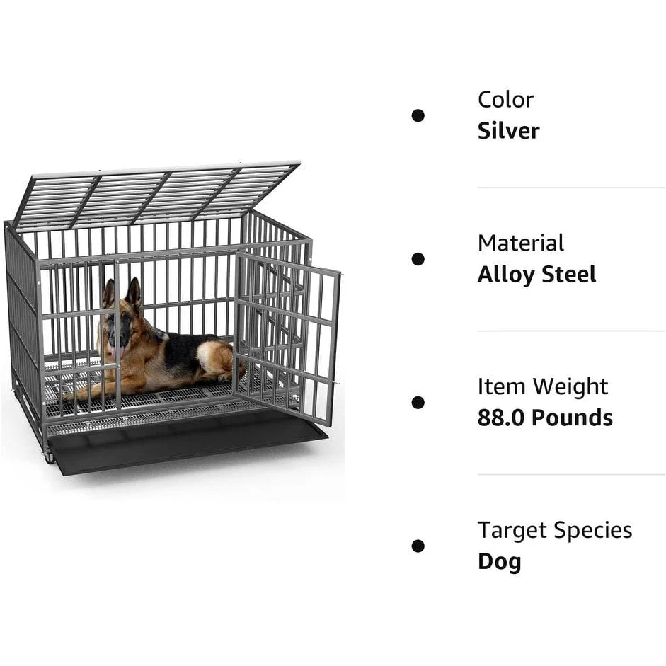 BOSSIN 48/38 inch Heavy Duty Indestructible Dog Crate, Escape Proof Dog Cage Kennel with Lockable Wheels
