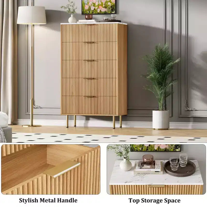 Cómoda branca / mármore e madeira com 5 gavetas - painel canelado, para utilização por 1 pessoa