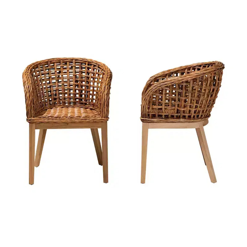 bali & pari Mario modernes, böhmisches 2-teiliges Esszimmerstuhl-Set aus Teakholz und Rattan mit naturbrauner Oberfläche