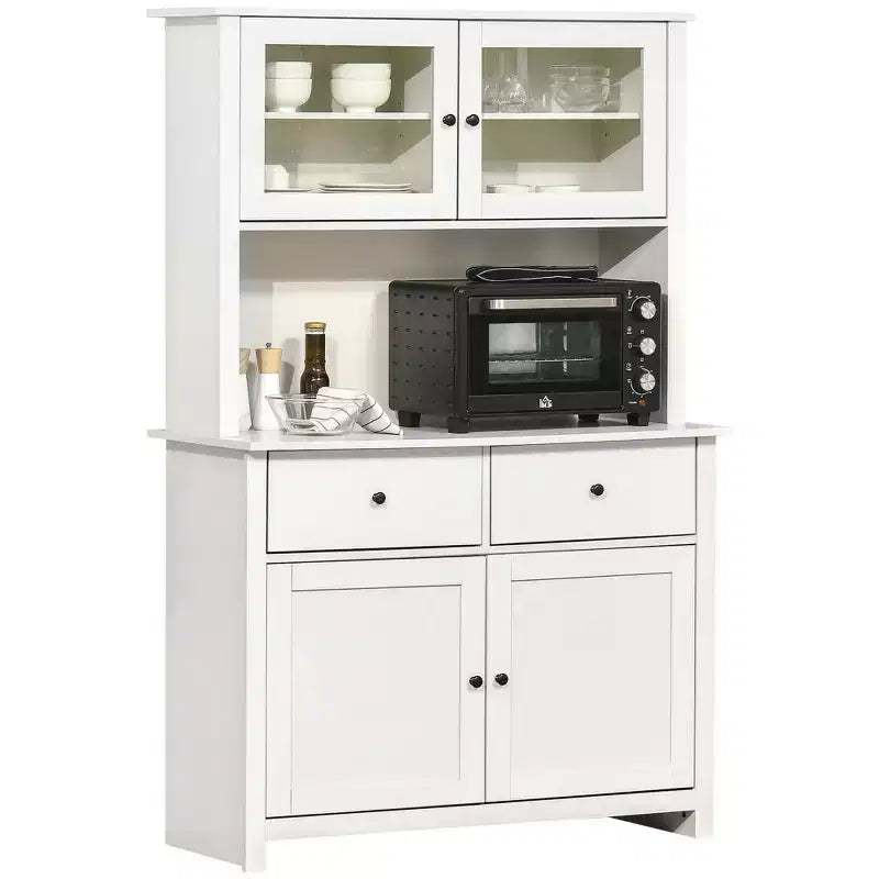 HOMCOM 63.5 Aparador de cozinha com módulo superior, armário de despensa com 4 prateleiras, gavetas, portas de vidro com moldura e bancada aberta para micro-ondas