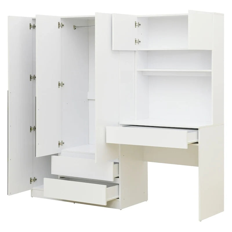 Roupeiro 3 em 1 com mesa de maquilhagem, conjunto de secretária, armário de quarto com 2 gavetas, 3 portas e espaço de arrumação