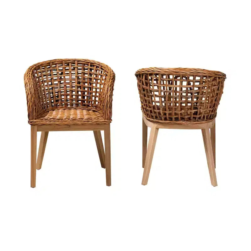 bali & pari Mario modernes, böhmisches 2-teiliges Esszimmerstuhl-Set aus Teakholz und Rattan mit naturbrauner Oberfläche