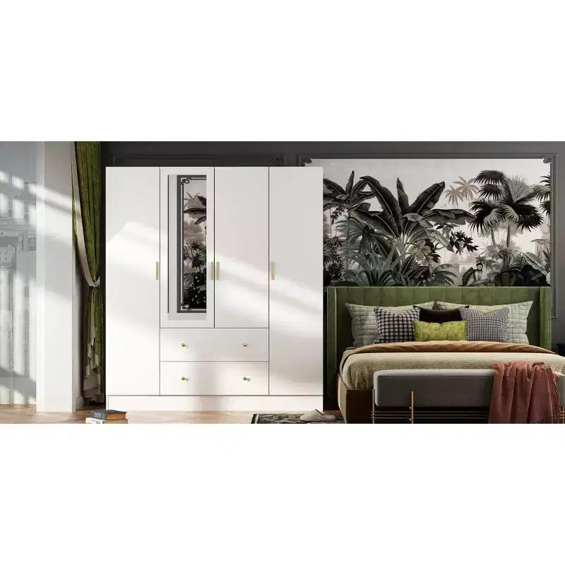 Hitow Kleiderschrank mit 2 großen Schubladen, mittlerem Hängeregal und Spiegel im minimalistischen Stil