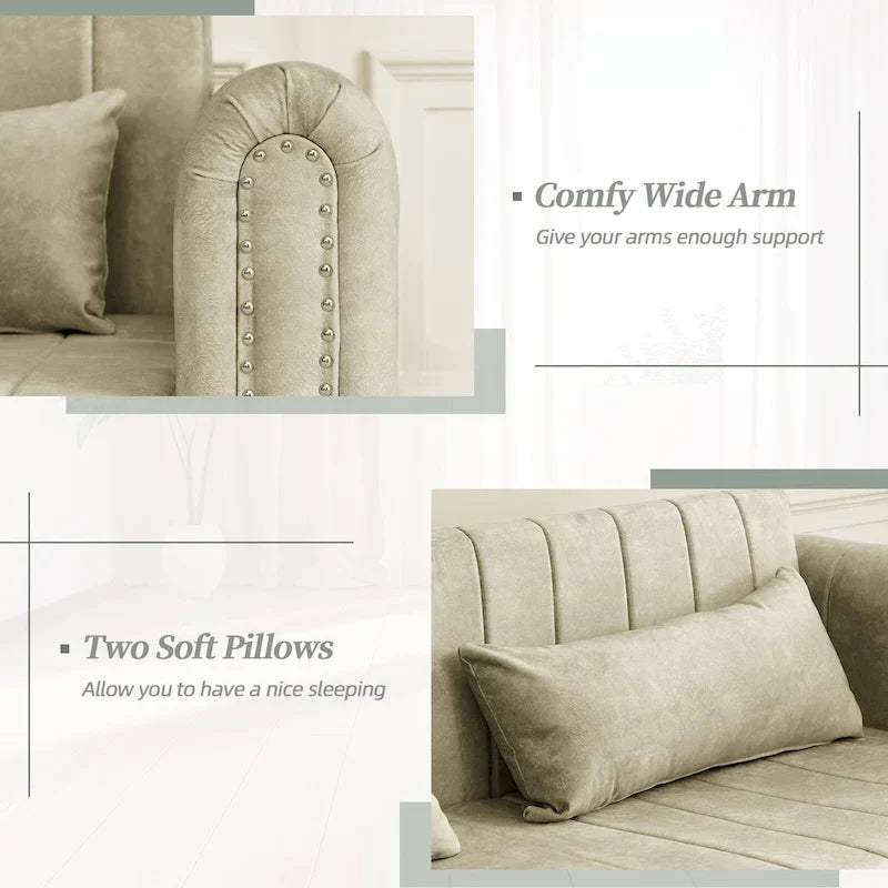 Velvet Upholstered Modern Convertible Sleeper Lounge Sofa Bed with Rolled Arms Decorated with Copper Nails