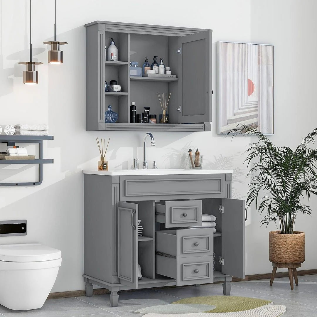 Moderne badkamermeubelset van 36 inch met wastafelblad, spiegelkast, 2 deuren en 2 laden