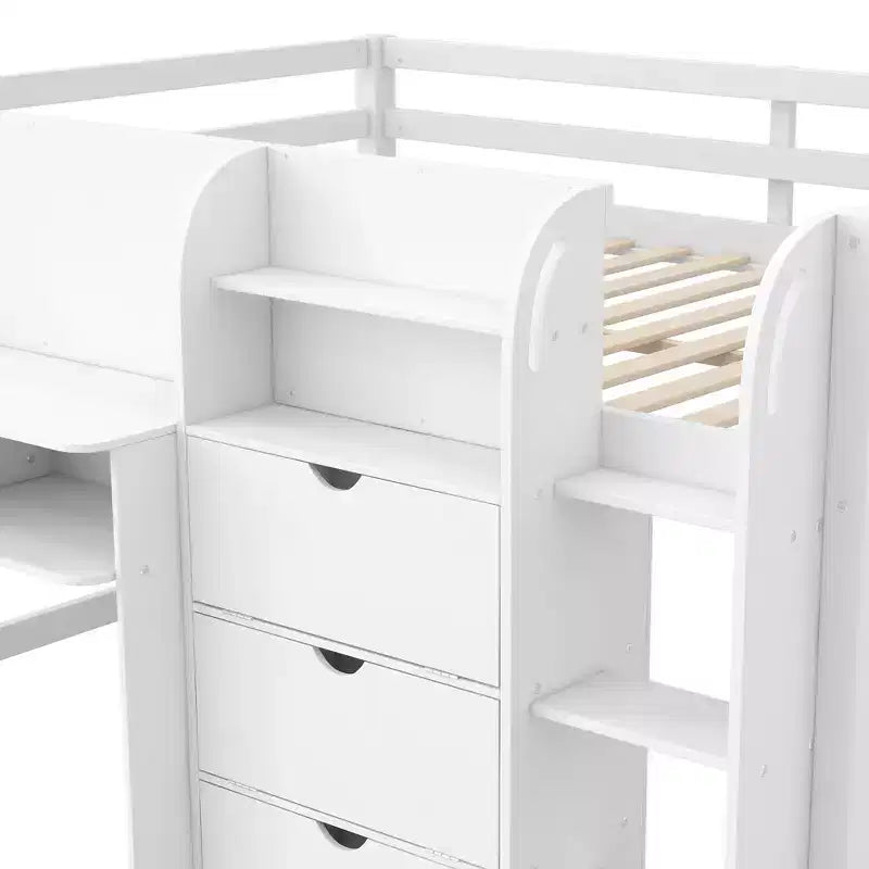 Lit mezzanine bas rose/blanc avec bureau, rangements et tableau blanc - 1 personne, 1 place