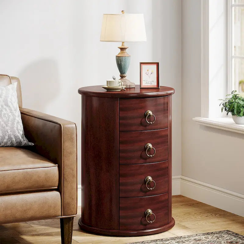 Table d’appoint ronde vintage en bois massif avec tiroirs latéraux, sans assemblage
