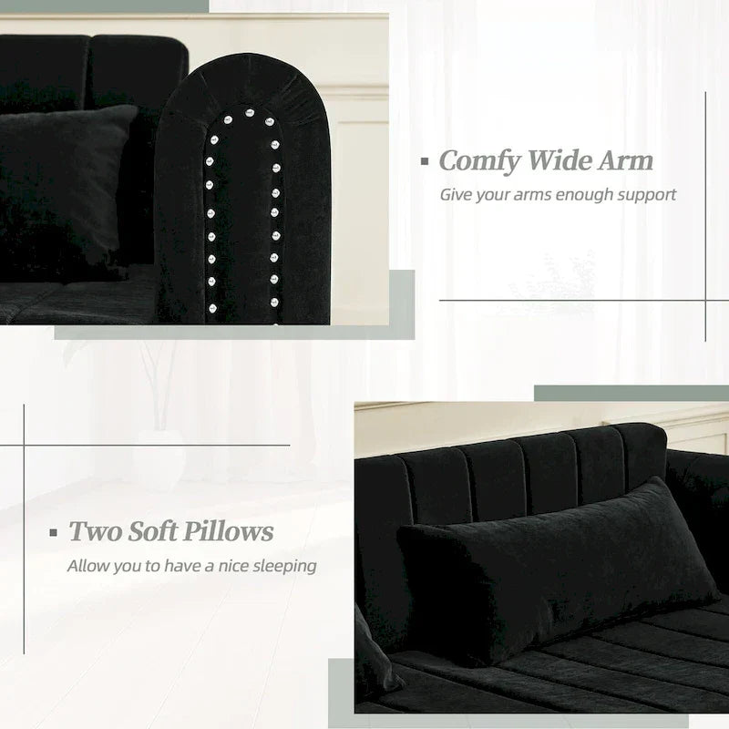 Velvet Upholstered Modern Convertible Sleeper Lounge Sofa Bed with Rolled Arms Decorated with Copper Nails