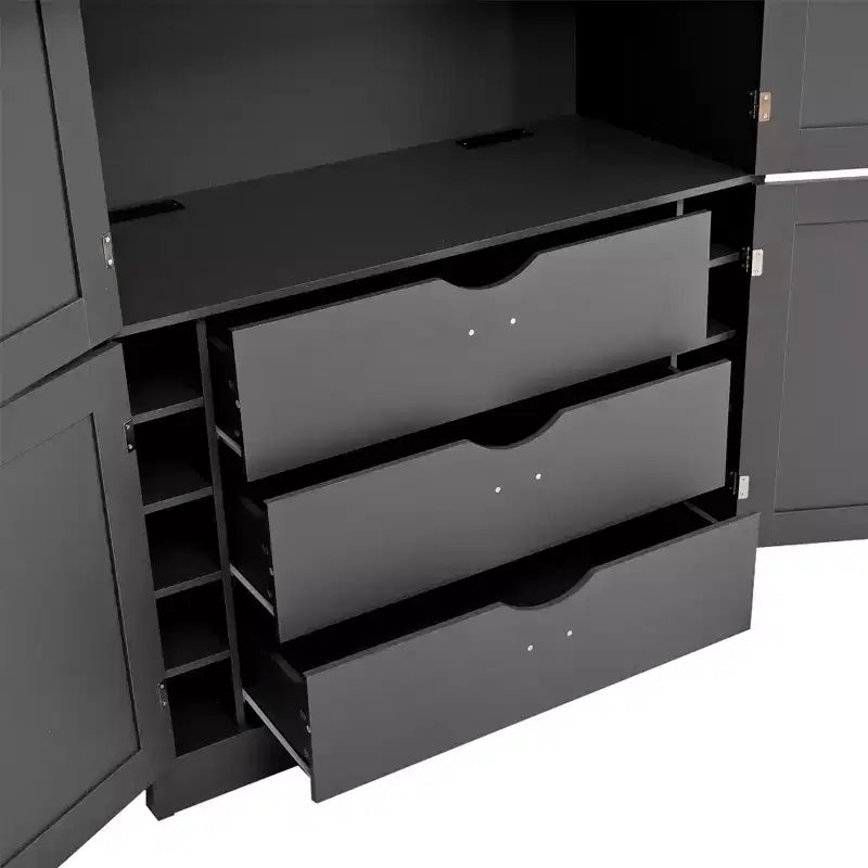 Dispensa alta da cucina con prese di corrente, grande armadio indipendente con supporto per microonde, cassetti, ripiani, portabottiglie e ripiano nell’anta