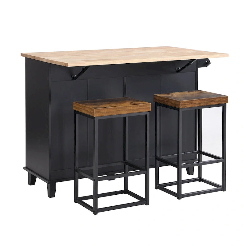 Conjunto de ilha de cozinha TOPMAX com aba rebatível e 2 lugares, conjunto de mesa de jantar com prateleira ajustável, gavetas e toalheiro