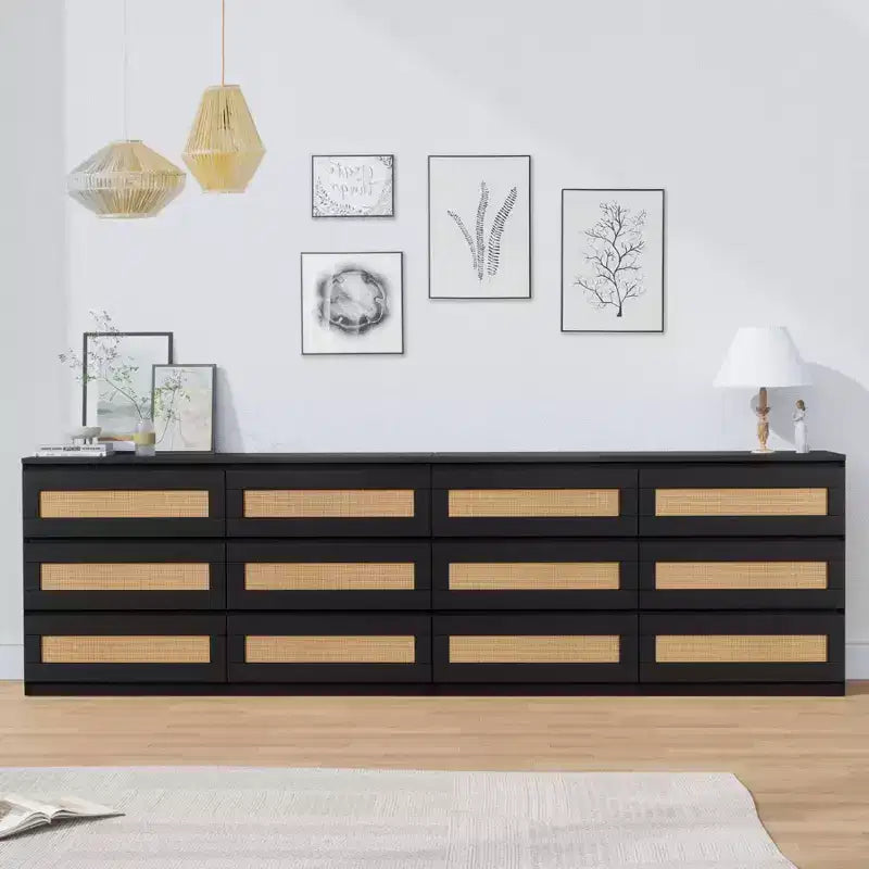 Cómoda de rattan para quarto com 6 gavetas, cómoda larga de estilo quinta moderno de 47, armário organizador de arrumação em madeira para closet, sala de estar e corredor