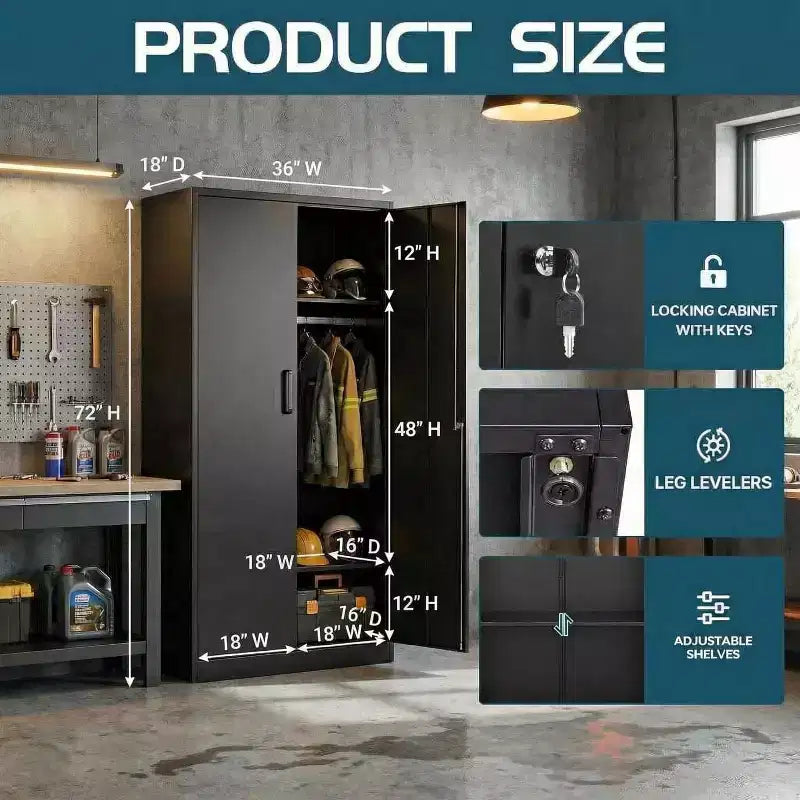 Armário de roupa de 72in com fechadura, armários de arrumação de garagem em metal preto com prateleiras ajustáveis e varão para cabides, armário de arrumação em metal para casa, quarto
