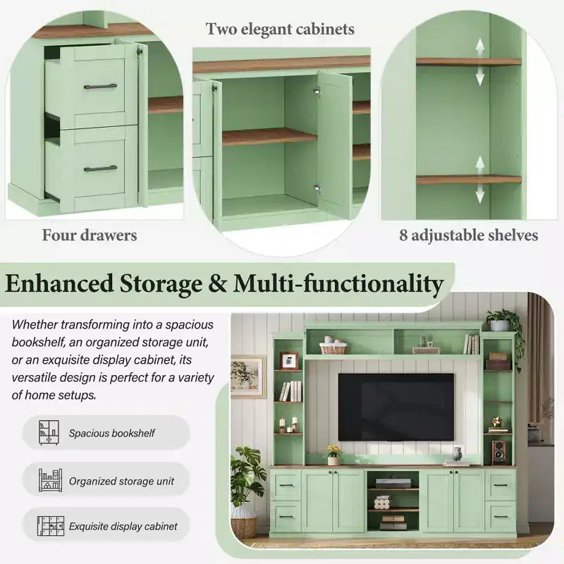 Unità a parete centro d'intrattenimento in stile rustico ModernLuxe 4-in-1, adatta a TV fino a 70, mobile TV e console multimediale con ripiani e cassetti regolabili
