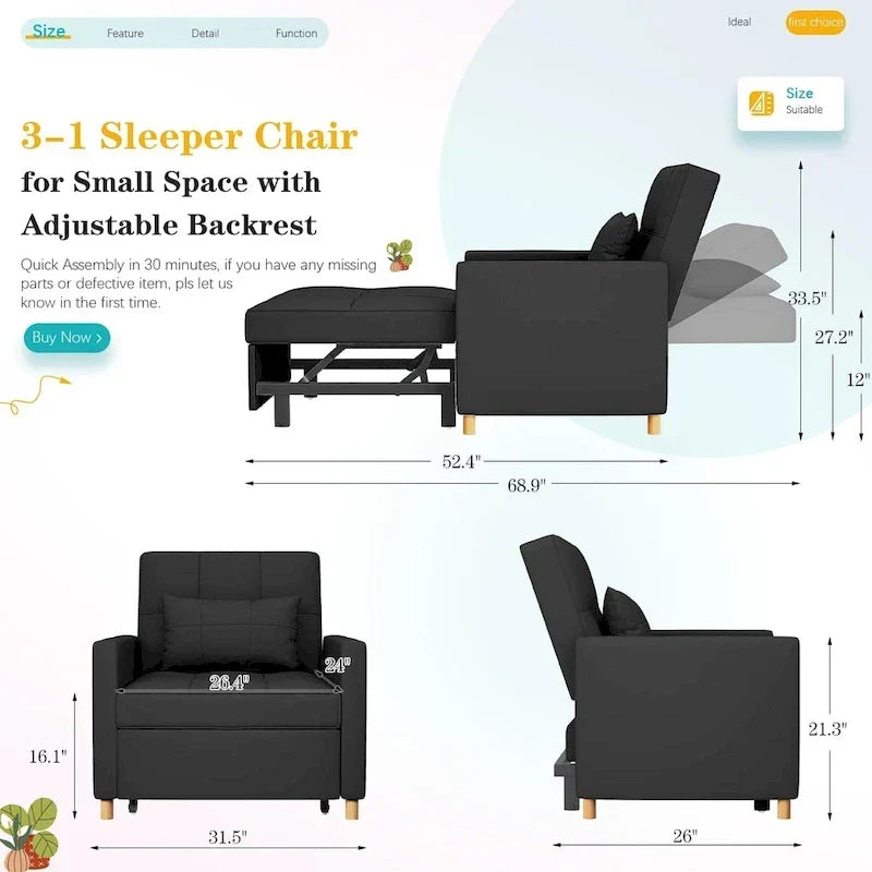 AECOJOY 3-in-1 slaapbankstoel met kussen en verstelbare rugleuning