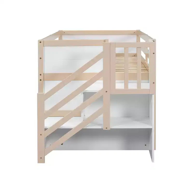 Cama baixa tipo loft individual em madeira maciça, 94.6L x 42.3W, com escada, gaveta e prateleira, design moderno e simples