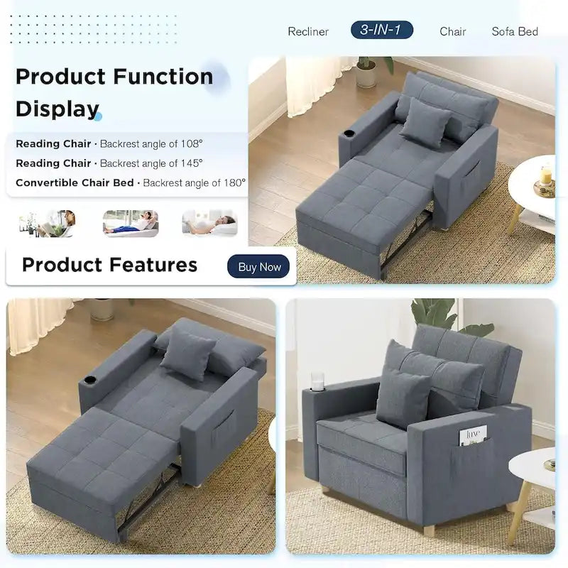 Poltrona-cama ajustável, convertível em 3 funções, várias cores, para 1 pessoa