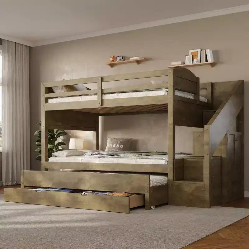 Estrutura de beliche Whisen Twin XL com cama auxiliar, beliche com arrumação, madeira maciça, escada com arrumação, roupeiro e 3 gavetas, para crianças