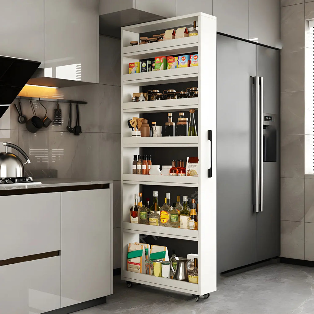 Credenza moderna in legno con ripiani aperti e rotelle