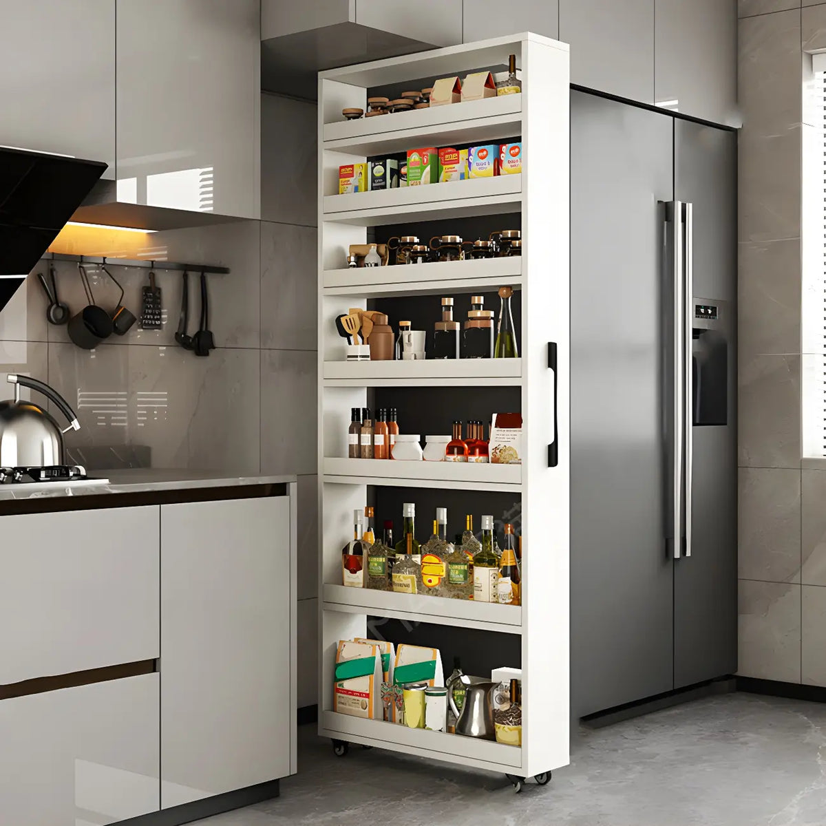 Credenza moderna in legno con ripiani aperti e rotelle