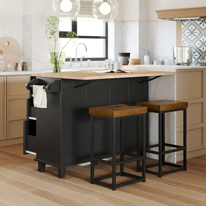 Conjunto de ilha de cozinha TOPMAX com aba rebatível e 2 lugares, conjunto de mesa de jantar com prateleira ajustável, gavetas e toalheiro