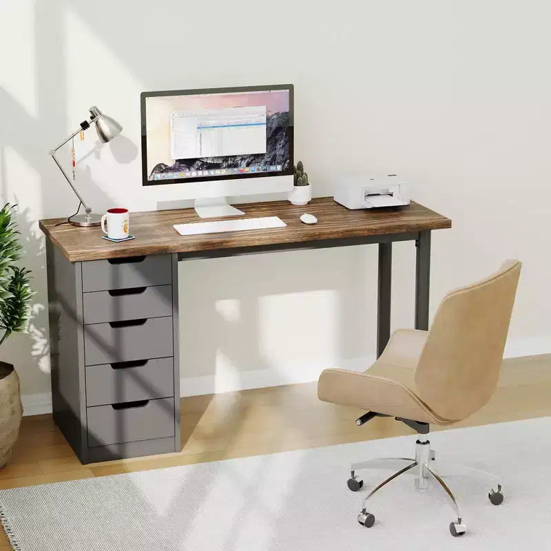 Secretária para computador de 47 polegadas com 5 gavetas de arrumação, mesa de estudo e escrita moderna de estilo rústico reversível, estação de trabalho para escritório em casa para espaços pequenos