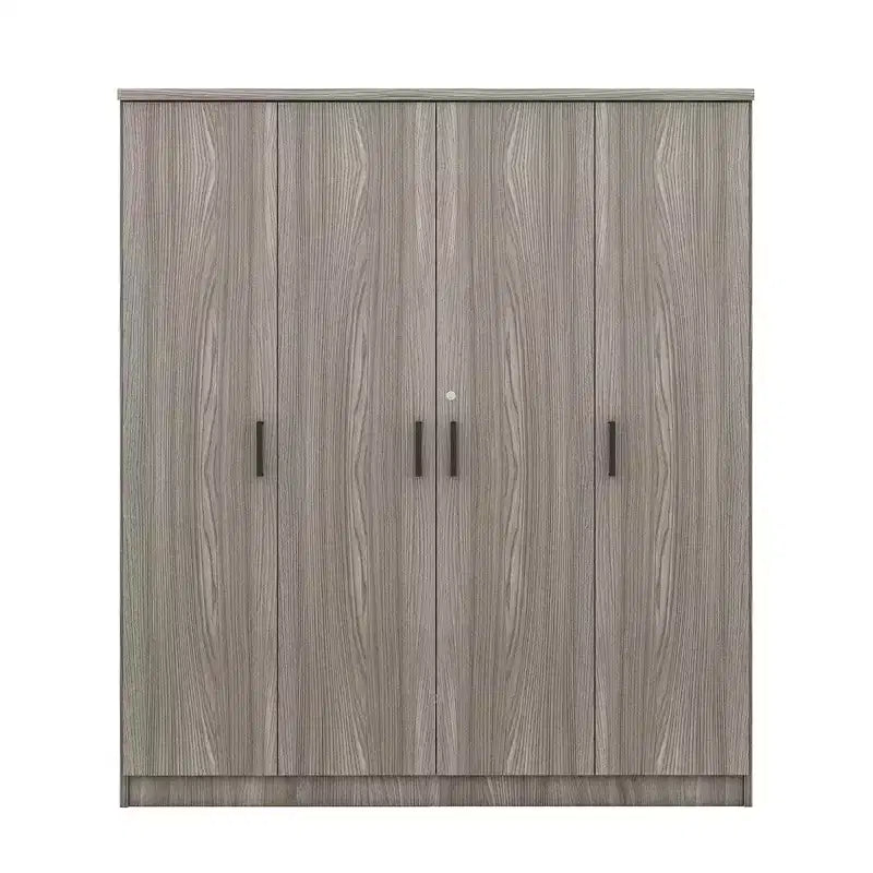 Guarda-roupa de madeira com 4 portas, varão para cabides, 1 gaveta e prateleiras de arrumação
