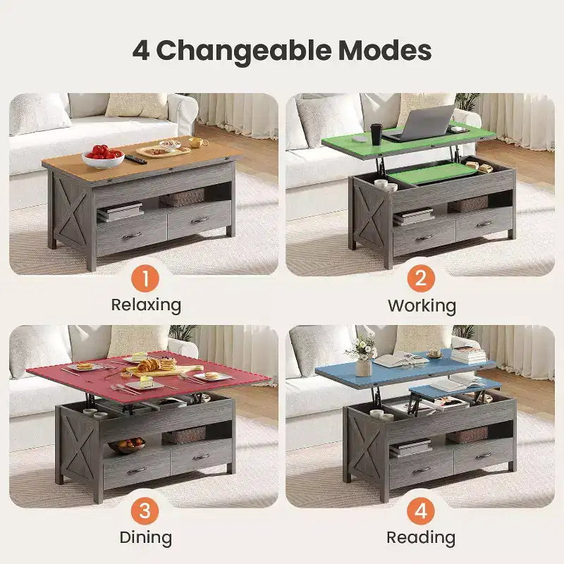 Mesa de centro elevatória com espaço de arrumação, mesa de centro de estilo rústico, mesa de centro com duas gavetas, para a sala de estar e o escritório em casa