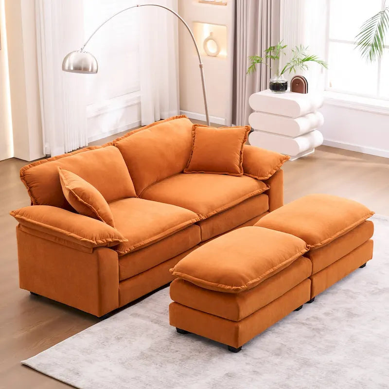 Canapé 2 places avec 2 coussins, 2 oreillers et 2 poufs, canapé confortable – canapé profond modulable pour le salon