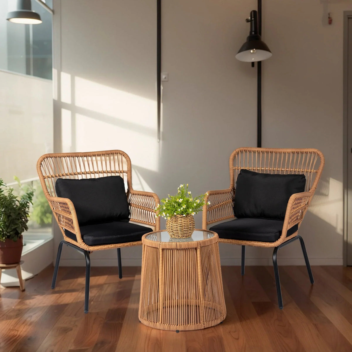 Ensemble bistro de conversation extérieur en osier de 3 pièces, mobilier de patio en rotin toutes saisons avec coussins