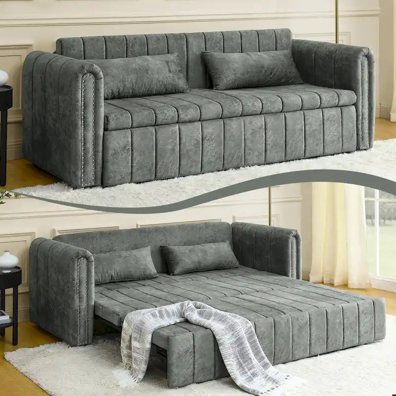 Velvet Upholstered Modern Convertible Sleeper Lounge Sofa Bed with Rolled Arms Decorated with Copper Nails