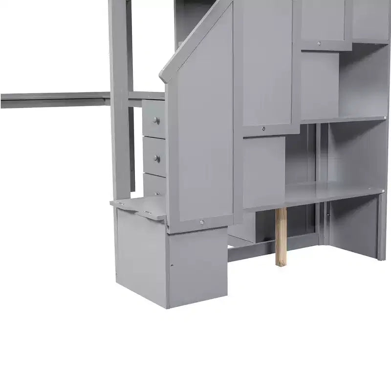 Hochbett in Twin-Größe mit L-förmigem Schreibtisch, 3 Schubladen, Schrank und Stauraum in der Treppe, Konstruktion aus massivem Kiefernholz/MDF