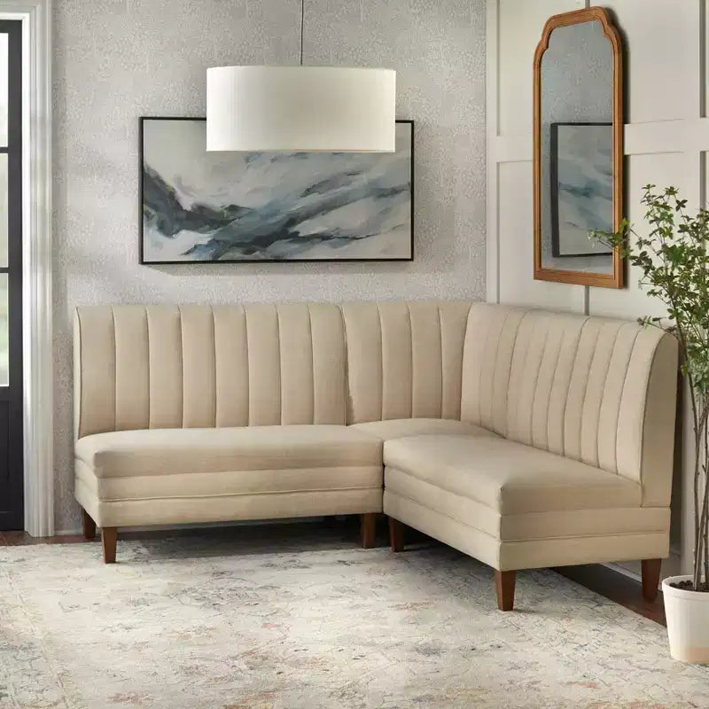 Conjunto de jantar banquette Kerrington de 4 peças Lifestorey, com encosto canelado, nogueira/creme: tecido com aspeto de linho, mesa com pé central