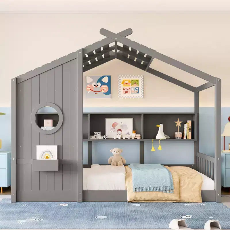 Estrutura de cama de plataforma para crianças de tamanho individual/duplo, cama de chão Montessori infantil, cama casinha de brincar com prateleira de arrumação - ModernLuxe