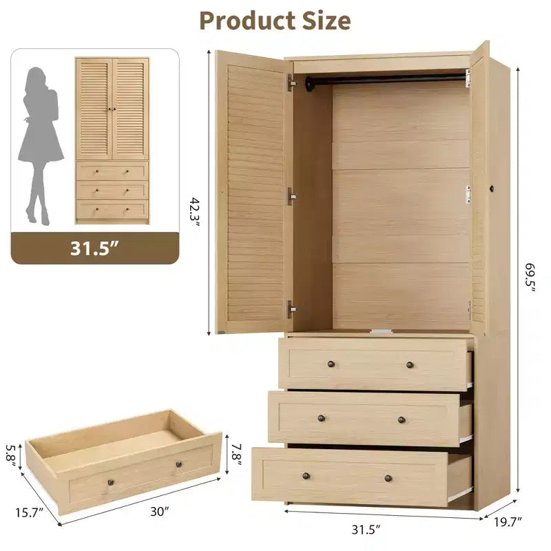 Armário roupeiro COZONY com 3 gavetas e 2 portas, armário de madeira moderno para quarto, roupeiro branco independente para cargas pesadas