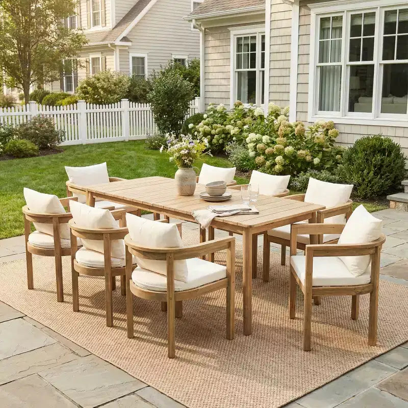 Conjunto de jantar rústico Irene da Christopher Knight Home com 9 peças, em madeira de acácia para exterior, cadeiras com encosto curvo e almofadas