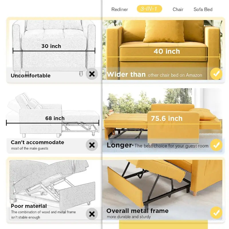Poltrona-cama ajustável, convertível em 3 funções, várias cores, para 1 pessoa