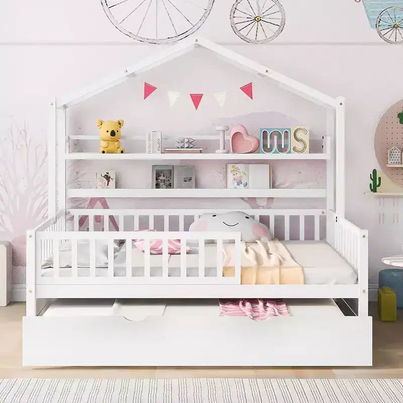 Estrutura de cama-casa Acekool Full com cama auxiliar Twin, gavetas de arrumação e prateleiras, telhado e vedação, cama de plataforma infantil, branca