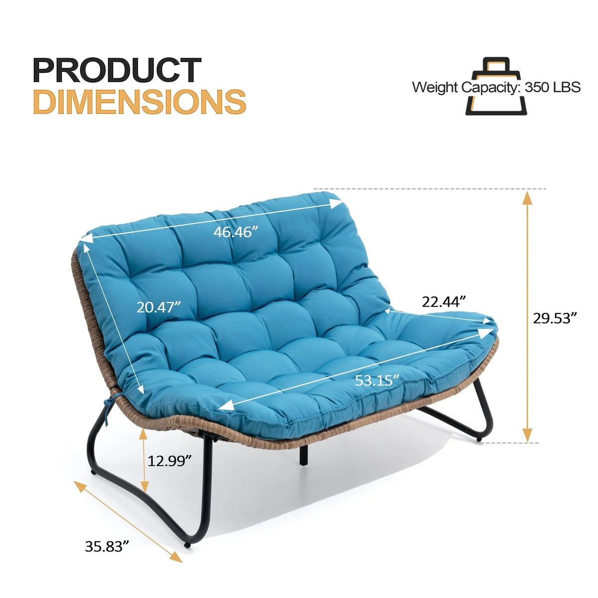 Doppelter Papasan-Sessel als Loveseat mit Kissen, wetterfestes PE-Rattan und Metallgestell für drinnen und draußen