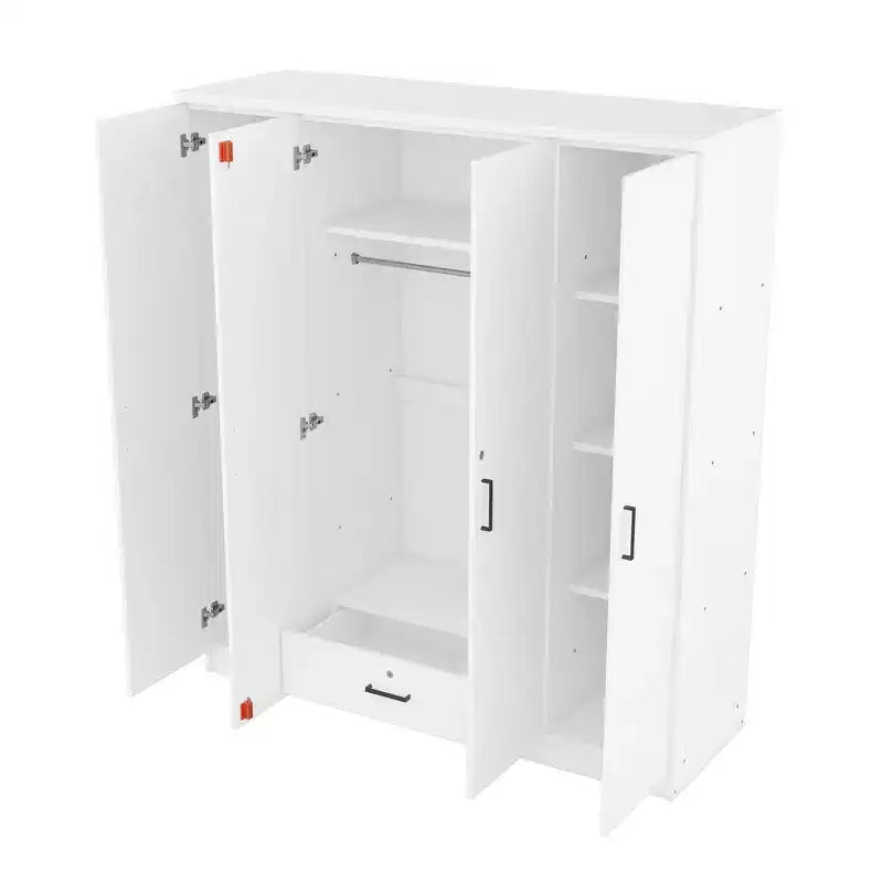 Guarda-roupa de madeira com 4 portas, varão para cabides, 1 gaveta e prateleiras de arrumação