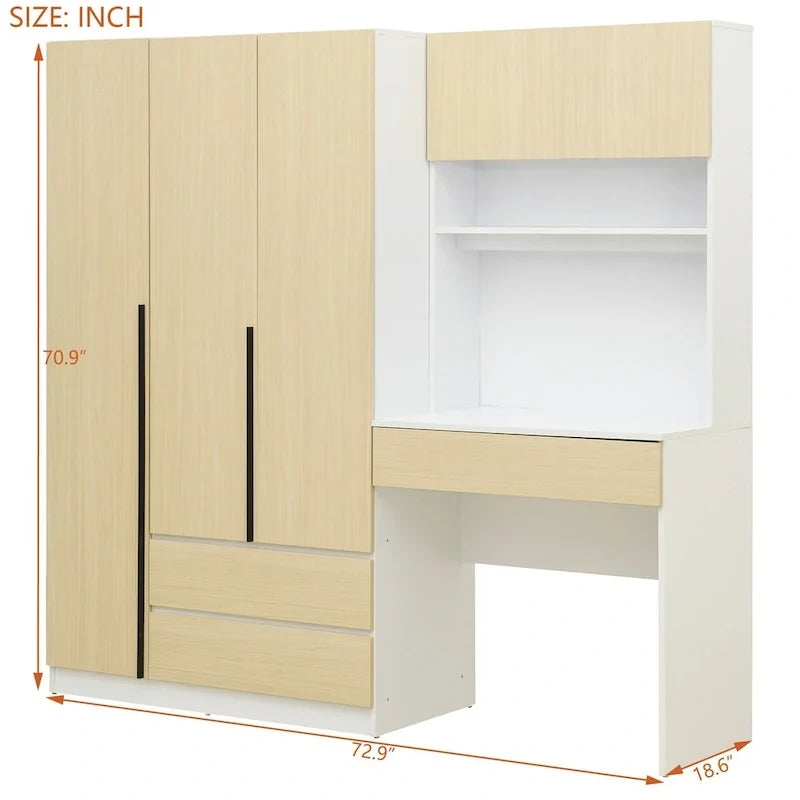 Roupeiro 3 em 1 com mesa de maquilhagem, conjunto de secretária, armário de quarto com 2 gavetas, 3 portas e espaço de arrumação