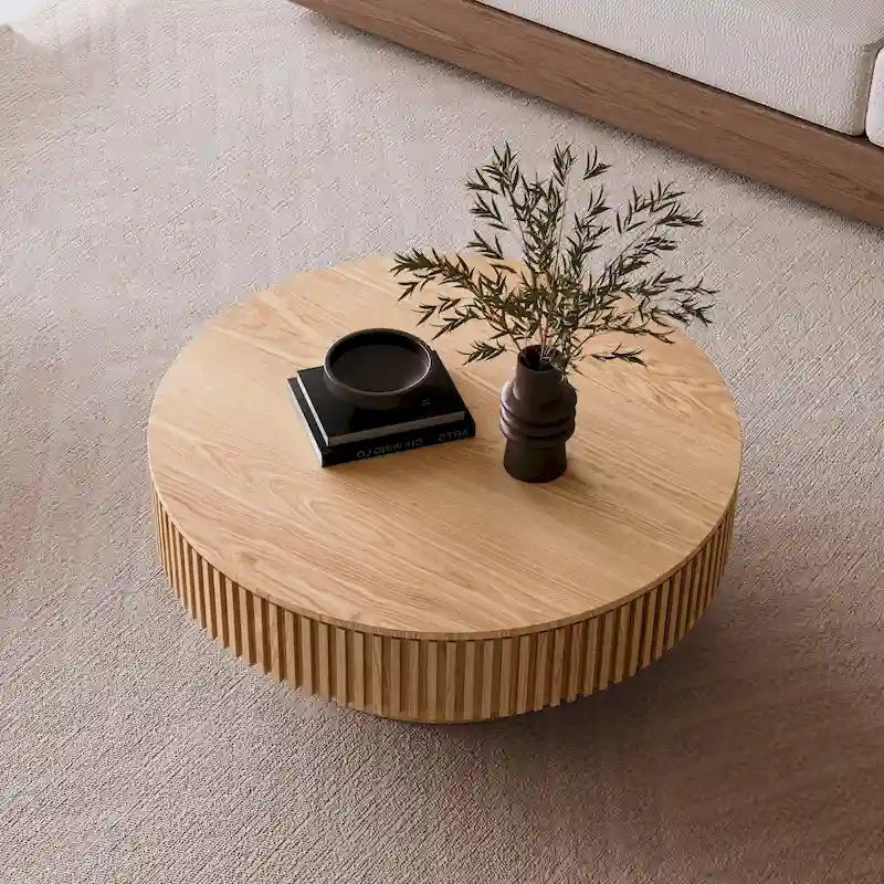 Tavolino rotondo moderno in legno massello impiallacciato con contenitore, da caffè o da tè