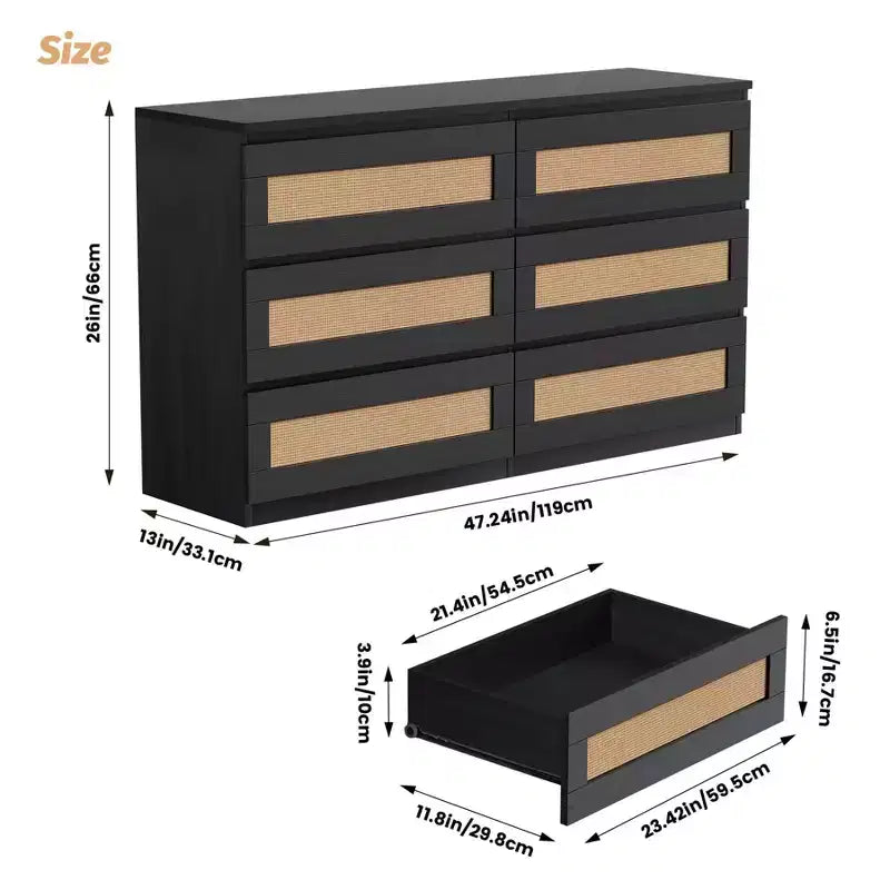 Cómoda de rattan para quarto com 6 gavetas, cómoda larga de estilo quinta moderno de 47, armário organizador de arrumação em madeira para closet, sala de estar e corredor