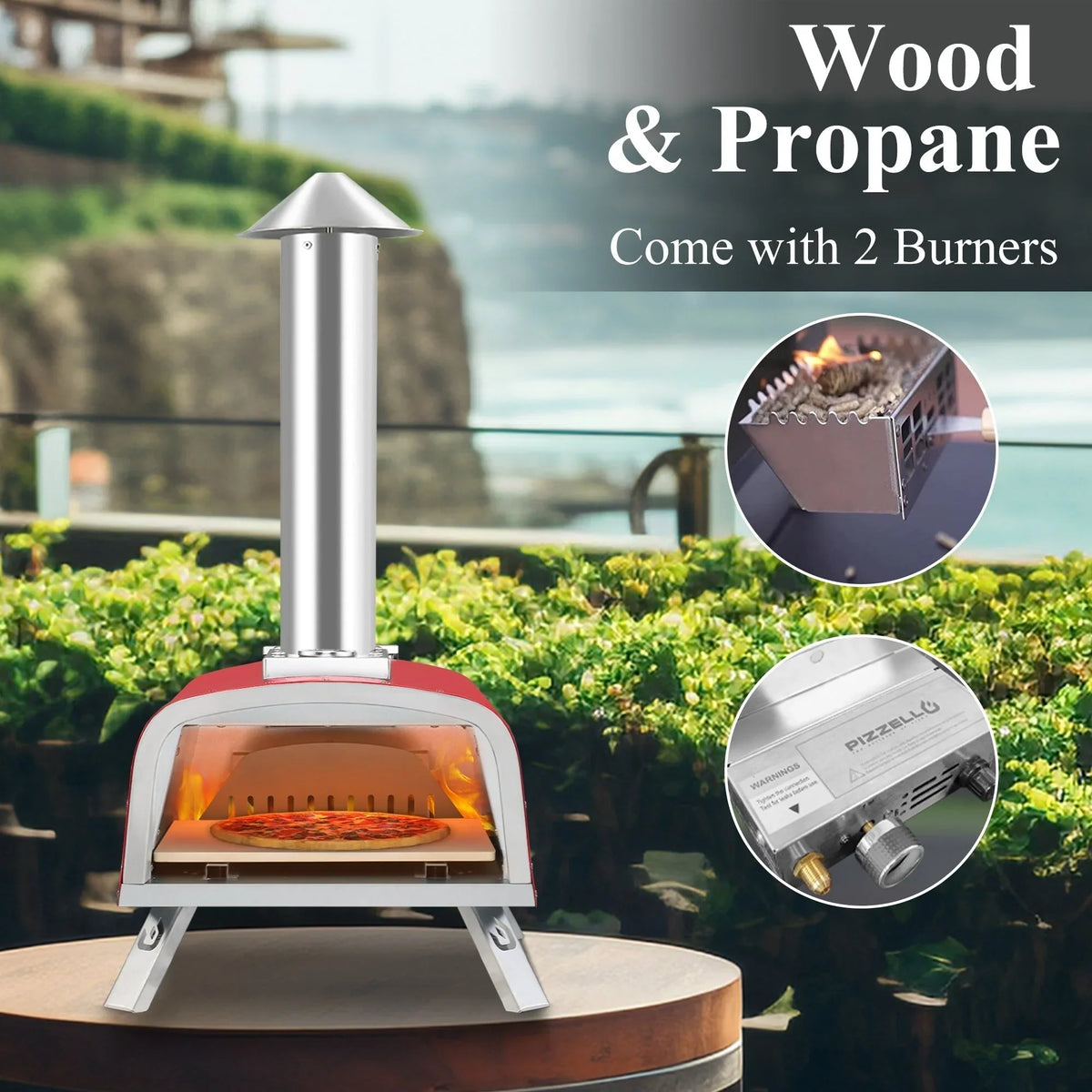 Forno de pizza exterior multicombustível, máquina de pizza de pedra com queimador a gás e caixa para lenha - 12 polegadas