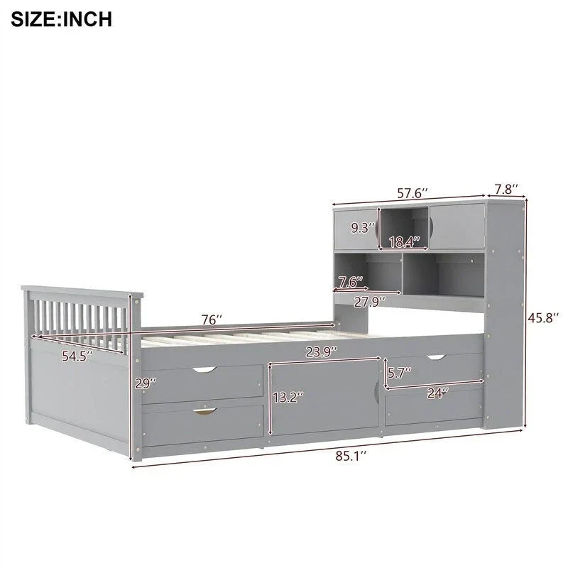 Cama de plataforma tipo capitão Twin/Full com 4 gavetas e prateleiras de arrumação, estrutura de cama em madeira maciça com cabeceira-estante para arrumação