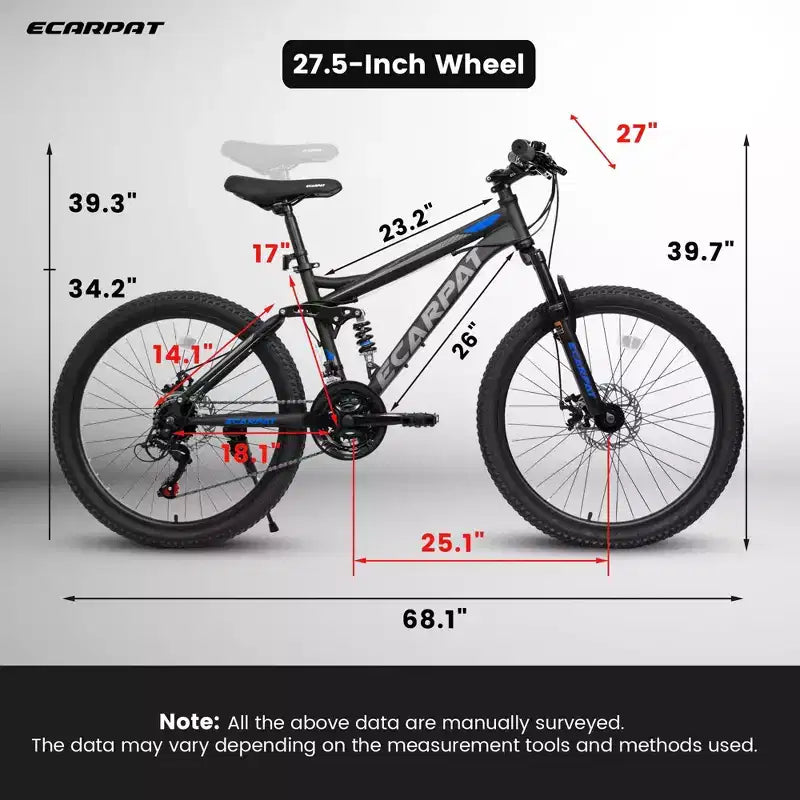 Mountain bike Okak da 27.5 pollici con doppi ammortizzatori anteriori e posteriori, bici da sterrato a 21 velocità con freni a disco meccanici, bici per adulti da uomo e donna
