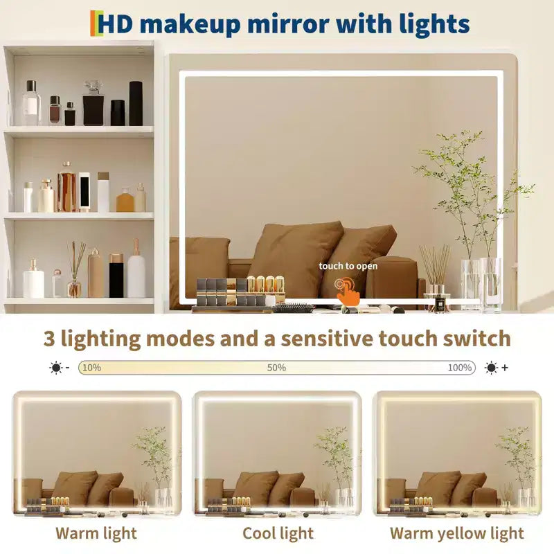 Schminktisch mit beleuchtetem Spiegel und Ladestation, dimmbares Touch-Licht mit 3 Lichtfarben, 5 Schubladen und Glasplatte, moderner Frisiertisch fürs Schlafzimmer