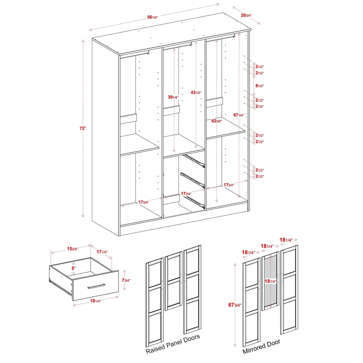 Palace Imports Cosmo třídveřová šatní skříň ze 100% masivního dřeva s dřevěnými nebo zrcadlovými dveřmi