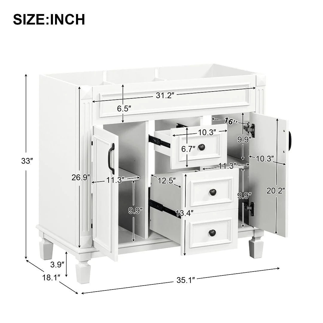 Moderne badkamermeubelset van 36 inch met wastafelblad, spiegelkast, 2 deuren en 2 laden