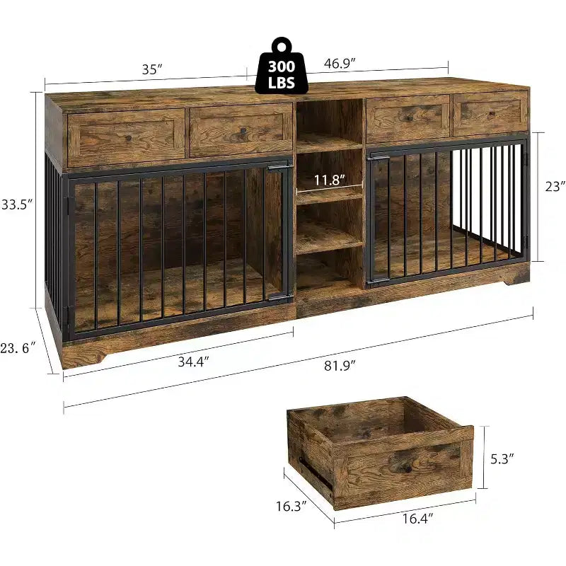 82 Casota de mobiliário para dois cães, canil grande para interior, casota de madeira resistente para 2 cães com suporte para TV, 4 gavetas e prateleiras